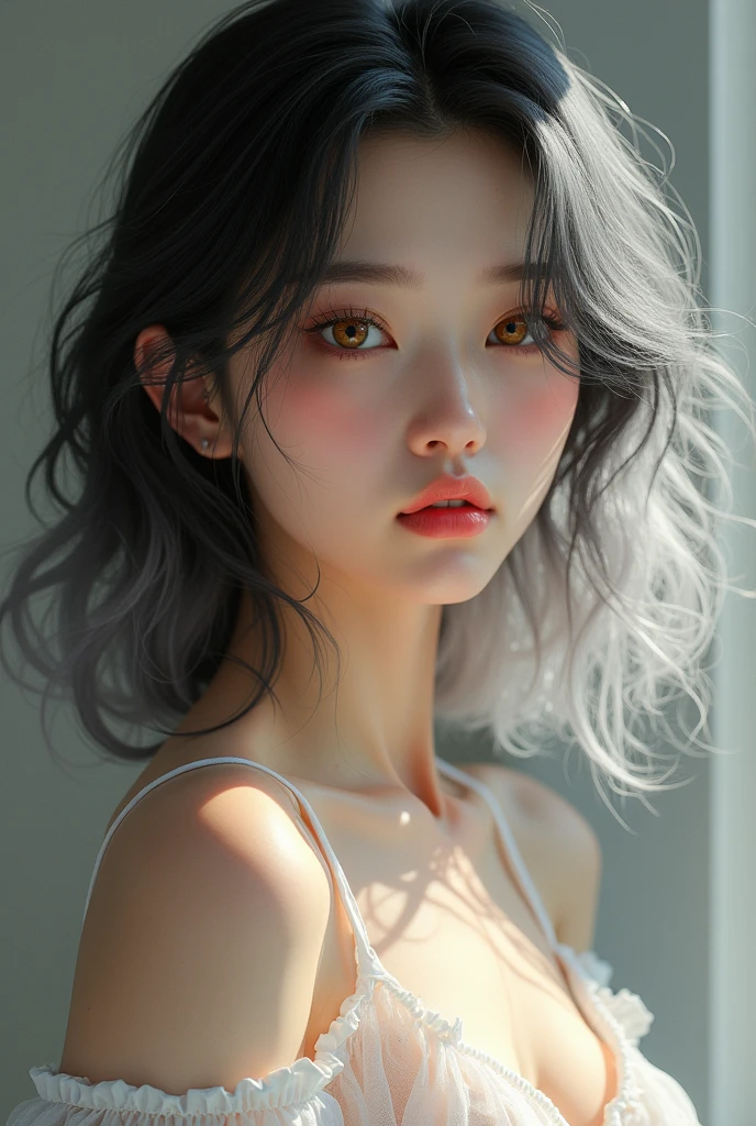 Asian girl with white hair, thin with slightly wavy black hair, honey eyes with long eyelashes, with tiny moles on her skin, smooth skin, Suave, bright, pink lips, wide, meaty and juicy, pretty nose splashed. Image with a small essence of sexy and cute with defined clavicles.