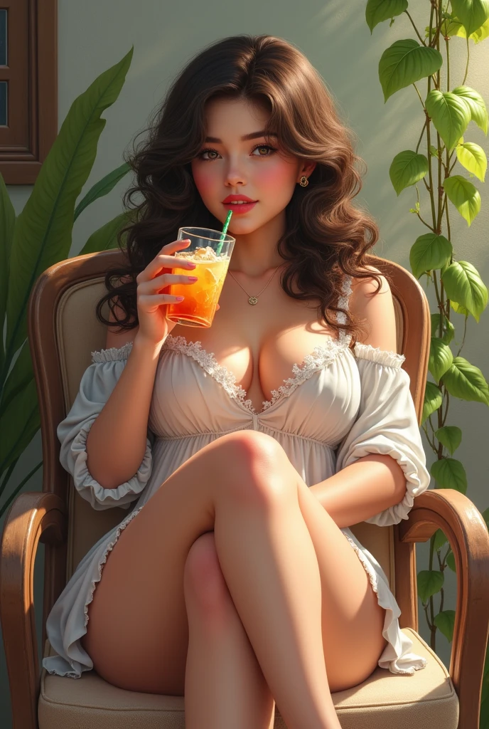 A brunette girl with curly hair and big breasts sits with her legs stretched out, taking a realistic oto