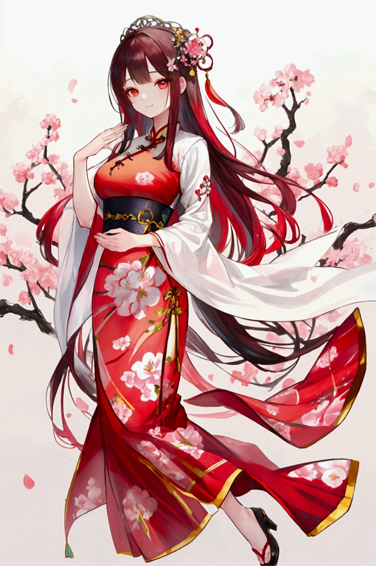 Full body portrait，(best quality,highres),ink painting style,1girl,traditional cheongsam dress,cherry blossom background,detailed floral patterns,long flowing hair,intricate hair accessories,soft and elegant expression,fine brushstrokes,colorful makeup,subtle smile,dainty posture,graceful hand movements,serene atmosphere,subdued lighting,slight misty effect,vibrant colors,vintage charm