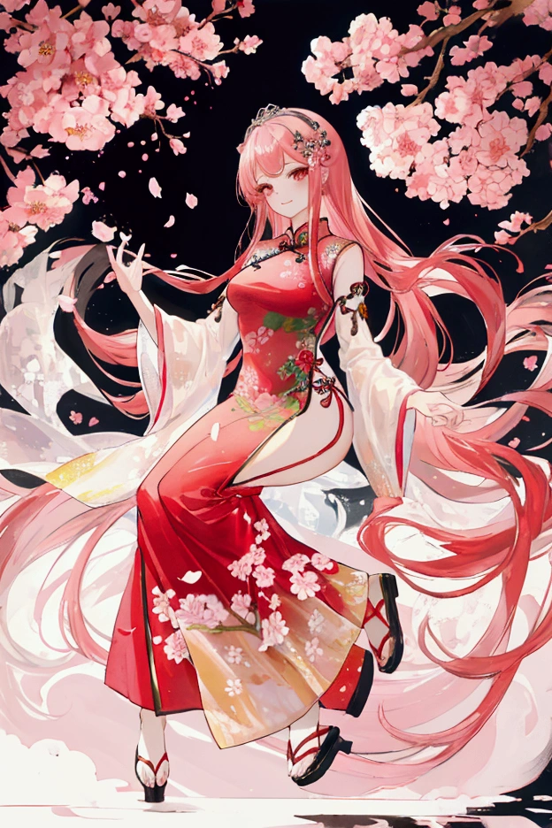 Full body portrait，(best quality,highres),ink painting style,1girl,traditional cheongsam dress,cherry blossom background,detailed floral patterns,long flowing hair,intricate hair accessories,soft and elegant expression,fine brushstrokes,colorful makeup,subtle smile,dainty posture,graceful hand movements,serene atmosphere,subdued lighting,slight misty effect,vibrant colors,vintage charm