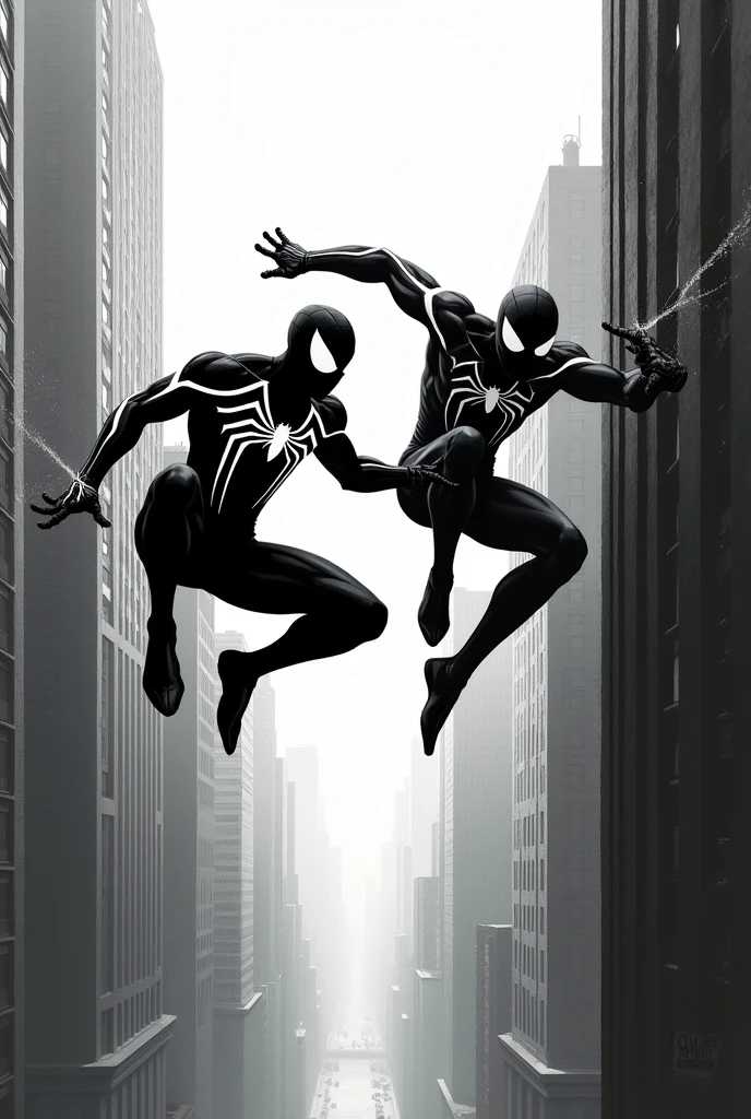 A two black and white spidermans jumping from building