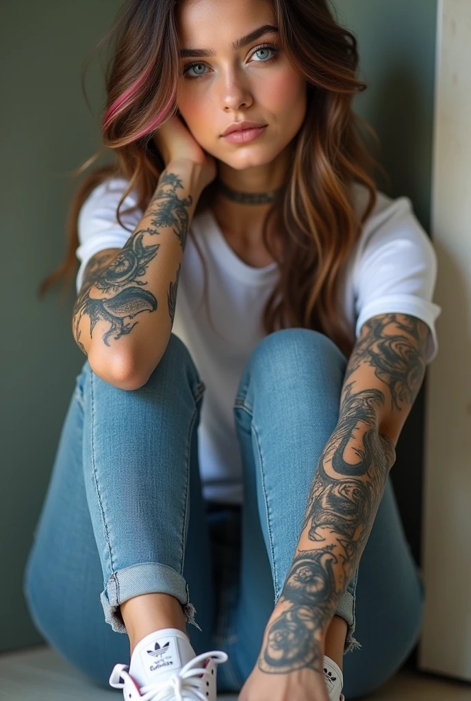 beautiful woman, long brown hair with some pink highlights, bleu eyes, dressed in jeans and white t-shirrt, white adidas dress shoes, with a tattoo on her entire atm from different manga