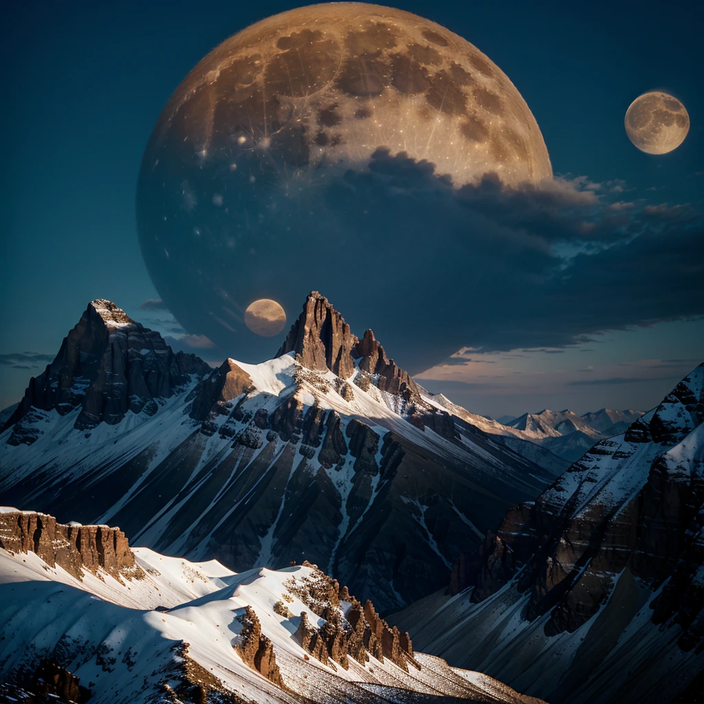 The full moon peeking over 2 mountains
