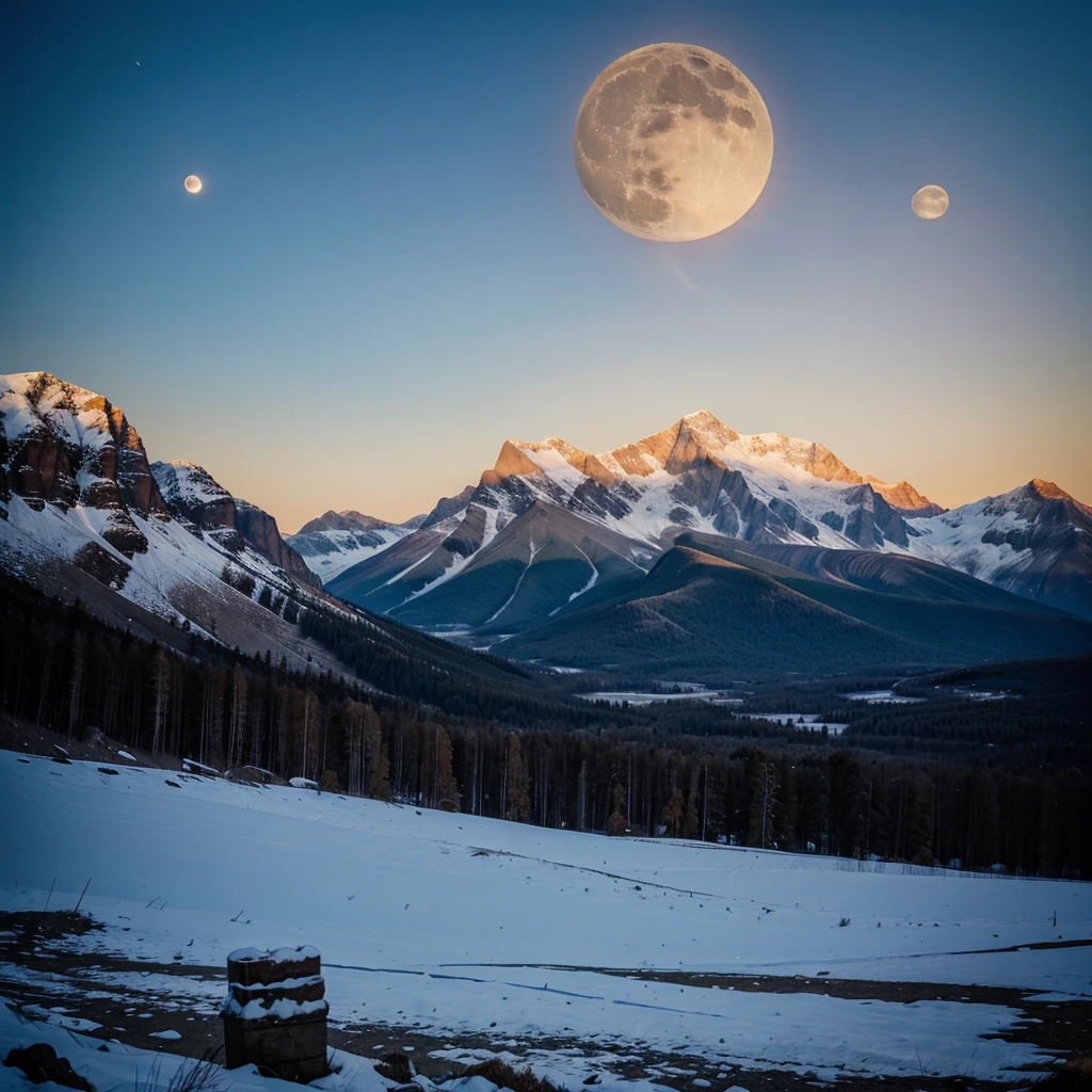 The full moon peeking over 2 mountains