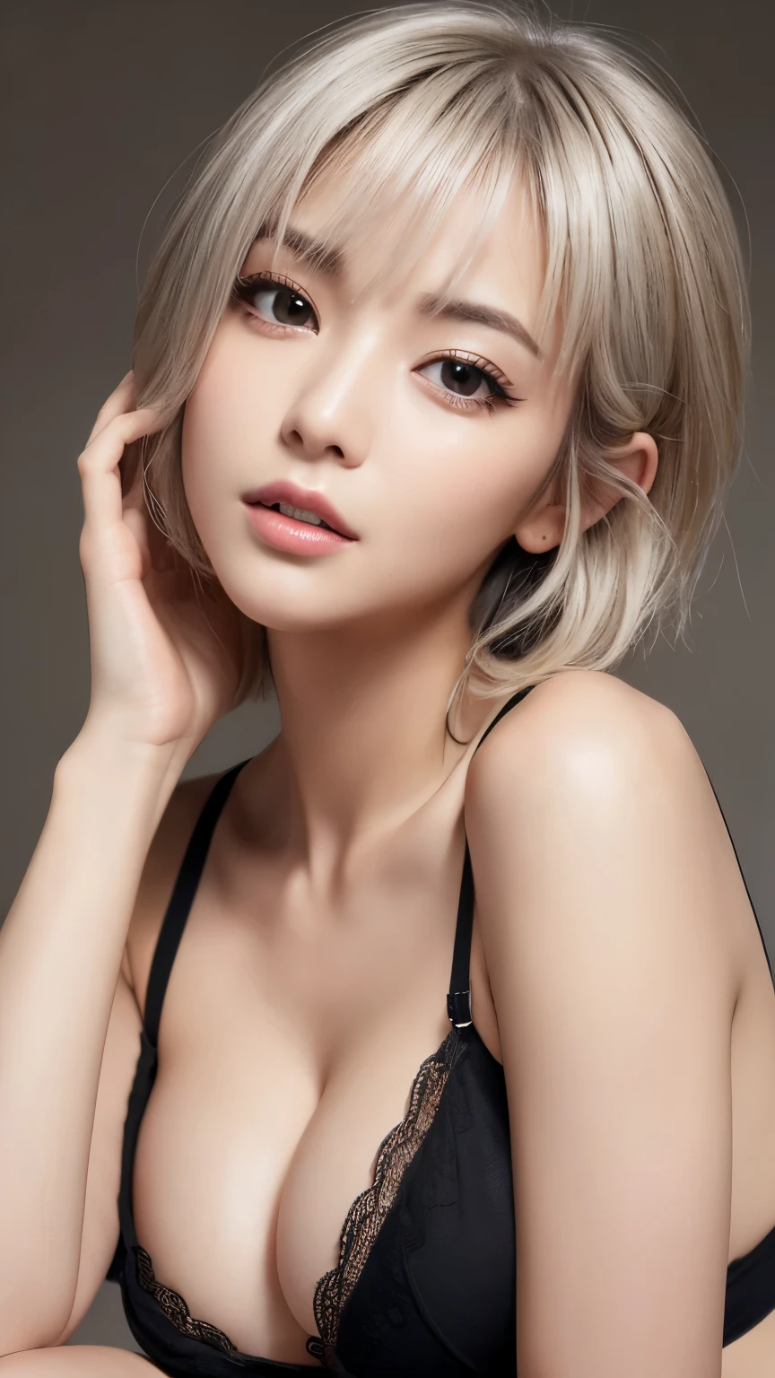 Highest quality、Masterpiece、High resolution、Masterpiece、 One Japanese woman、Beautiful adult woman、actress、2、Silver Hair、pixie Cut、The most beautiful face、(orgasm face:1.3)、Beautiful Skin、Cute eyes、Big eyes、Droopy eyes、Brown eyes、Thin lips、Glossy Lips、light makeup、Detailed hands、Detailed fingers、Biggest breasts 、Cleavage、Sexy body、Long and beautiful legs、Black Bikini、Looking into the camera、whole body、Professional Lighting、ニューヨーク、ストリート、