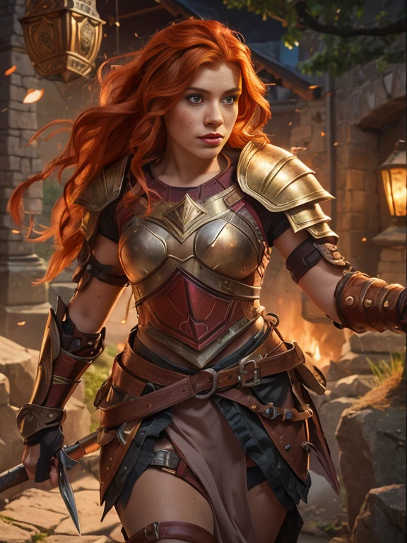 A young red-haired teenage woman with orange hair and brown eyes she has some freckles and a look of courage she is a warrior wearing a powerful magical armor for a medieval RPG, the background filled with magic and magical lights contour lights and cinematic lights in a mountain fortress, inspired by the Leona of League of Legends,  a powerful and resistant armor based on magic and a giant shield