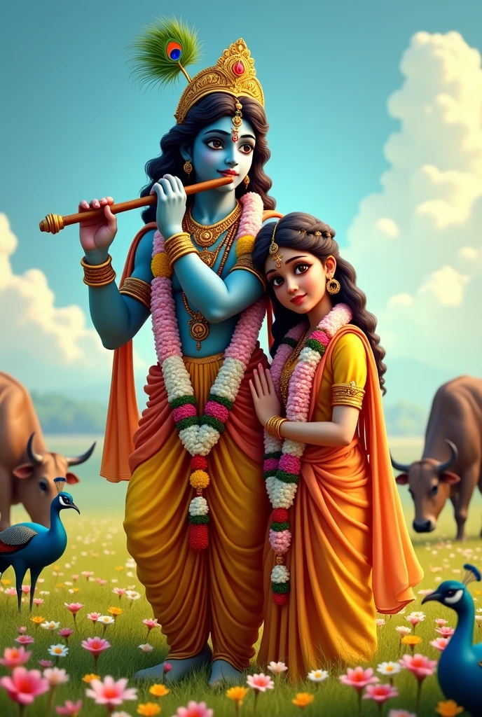 On a bright, sunny day, adult Lord Krishna stands tall in a lush meadow, his dark blue complexion highlighted by a peacock feather on his head and a light pink and white flower garland around his neck. He plays a flute, surrounded by grazing cows and vibrant peacocks. Close by, Radha rests her head gently on Krishna's shoulder. Her fair complexion contrasts beautifully with her light orange saree and yellow blouse, while her braided hair is adorned with colorful flowers. Both Radha and Krishna wear matching light pink and white flower garlands. The field blooms with flowers, and the clear blue sky, dotted with a few clouds, frames this serene and picturesque scene.