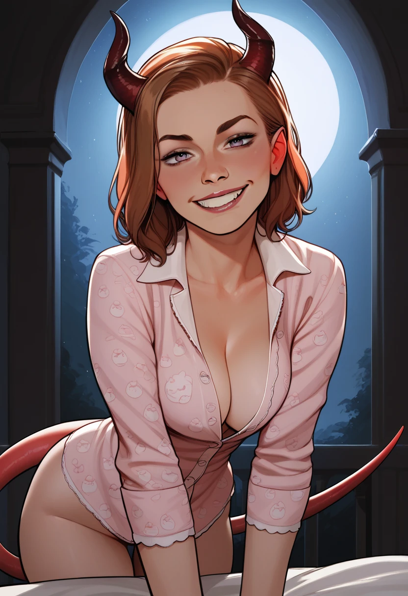 score_9, score_8_up, score_7_up, score_6_up, score_5_up, score_4_up, 1girl, emma_watson, solo, extreme detail, Masterpiece, Best Quality, beautiful, high res image, rating_explicit,evil smile,demon horns, thick tail, succubus,Expression biting lower lip, red skin, wearing light lace pajamas, leaning forward, (seductive:1.1), night, moonlight,