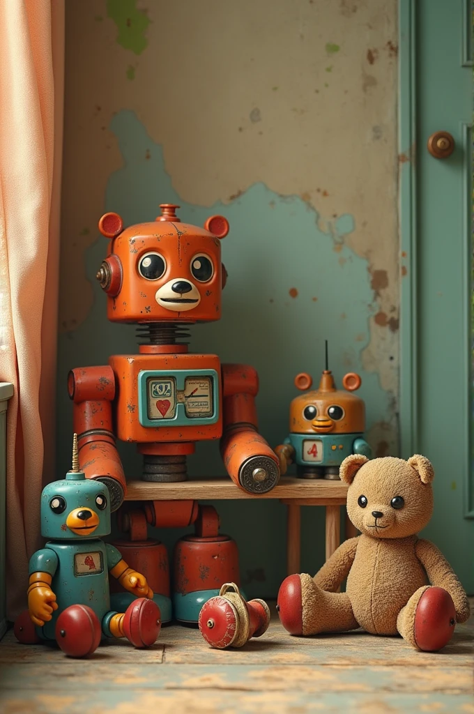 Old toys  sitting in different locations with 1950s background 