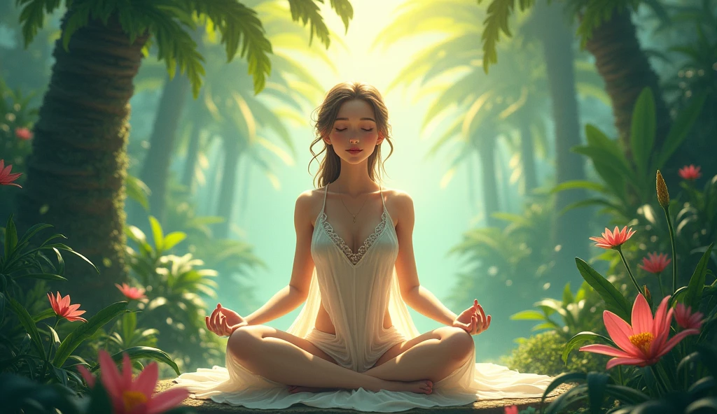 A beautiful lady meditation in jungle animation