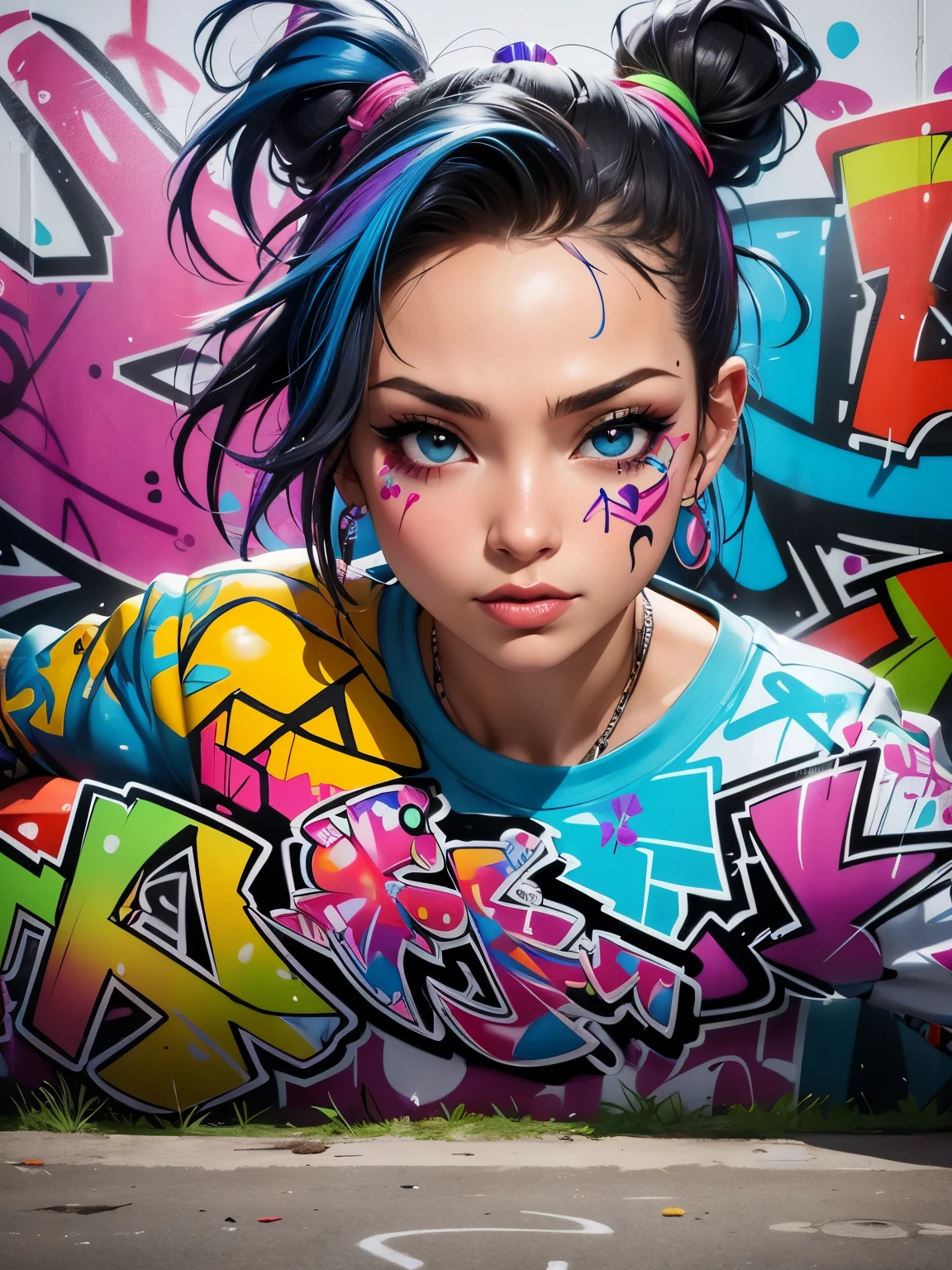 (best quality), (High level of detail), (Vivid colors), (Graffiti-Stil), (Freestyle), (close up shot), (1 girl), sexy female graffiti artist, spraying graffiti on a wall painted with street art, HDR, 4K, 3d, Graffiti art style.