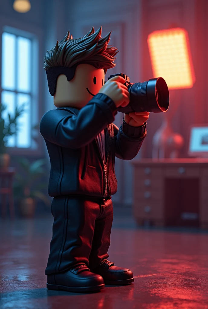 a roblox man, taking a picture, Mr. Chochont, highly detailed, hyper realistic, cinematic lighting, 8k, photorealistic, sharp focus, studio lighting, masterpiece, extremely detailed, intricate details, vivid colors, volumetric lighting, ray-traced reflections, global illumination, subsurface scattering, physically based rendering, epic composition