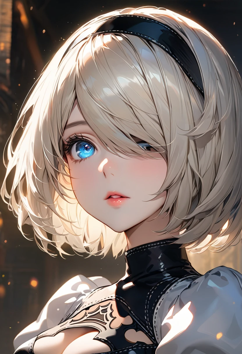{(masterpiece,best quality, 16K portrait, UHD, extremely detailed the work, detailed beautiful face and eyes and skin and hair)} 
BREAK {solo,(2B of Nier-Automa:1.4), (lightbrown-lightwhite colored hair:1.4, short cut hair), (medium mouth),(narrow and sharp eyes),(attractive blue-glay eyes:1.4),(left-eye hidden by bangs:1.2),(slender body,small breasts):1.2,captivating lips} 
BREAK {(Nier-Automata-2B costume:1.2),(cleavage between breasts:1.2),(hairband:1)} 
BREAK {face focus}