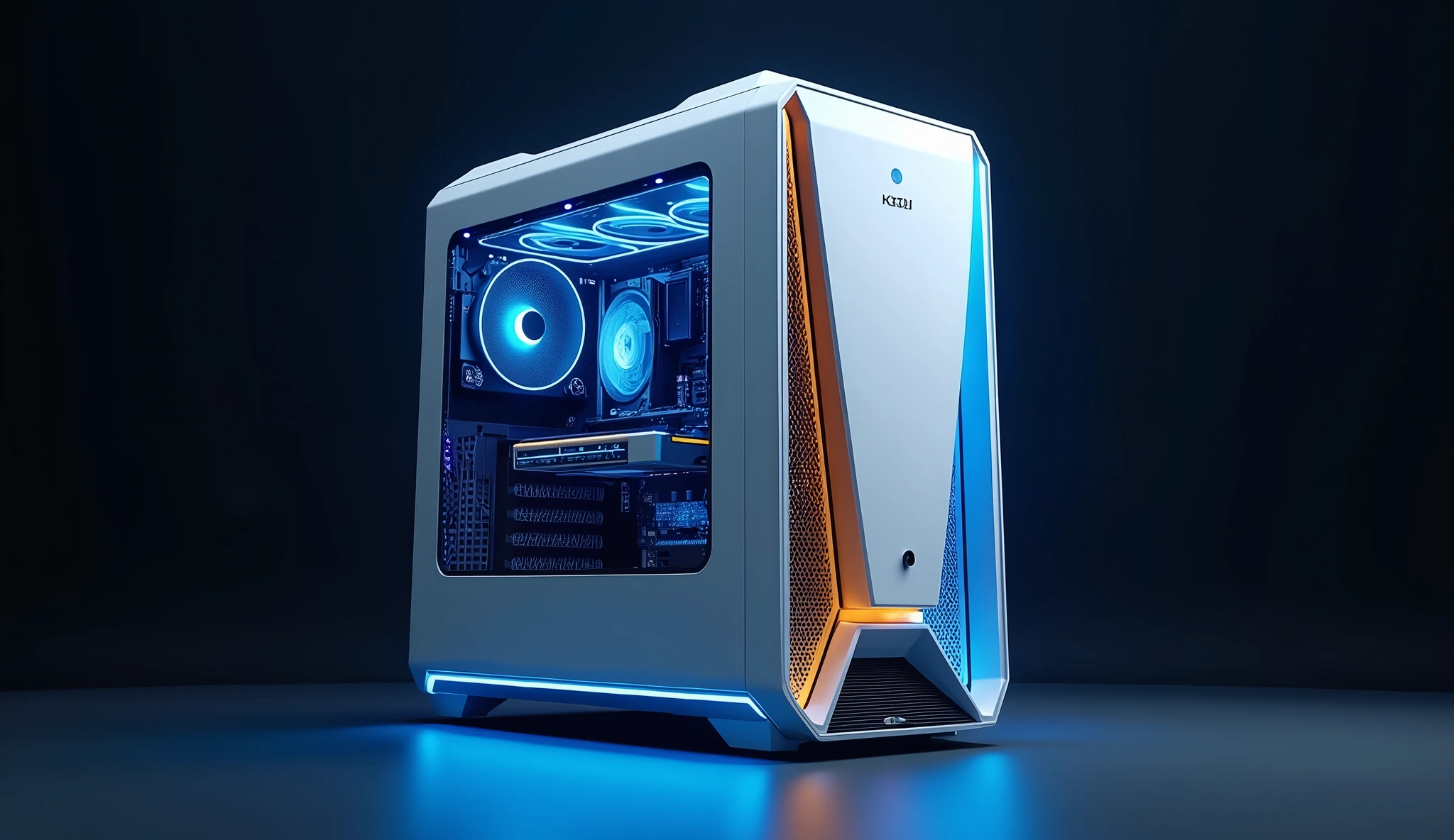 Create a visually stunning server computer ATX Tower image with white, blue and gold trim, neon, metallic. Photorealistic.