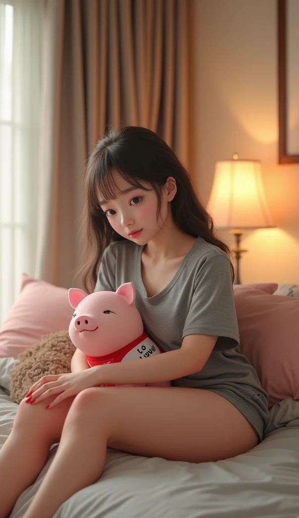 A Japanese woman wearing a gray round-neck T-shirt sitting on the bed,, She has a plump figure, Big breasts protrude, full-body shot, Sitting next to him is a giant, real-life pink pet pig.，The pet pig is wearing a vest with the letters &quot;I love you&quot; printed on it，Hyperrealism，Movie Lighting, glow，32K