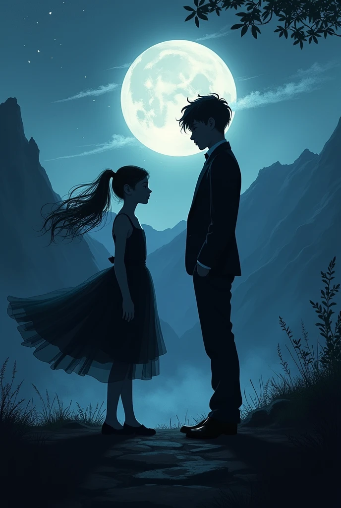 The silhouette of a girl in a dress being pushed by the wind from behind with a boy who is taller than her. He is wearing a suit. You can only see the silhouettes. They are on a mountain with the moon and stars as a landscape. The girl represents good and the boy represents evil.