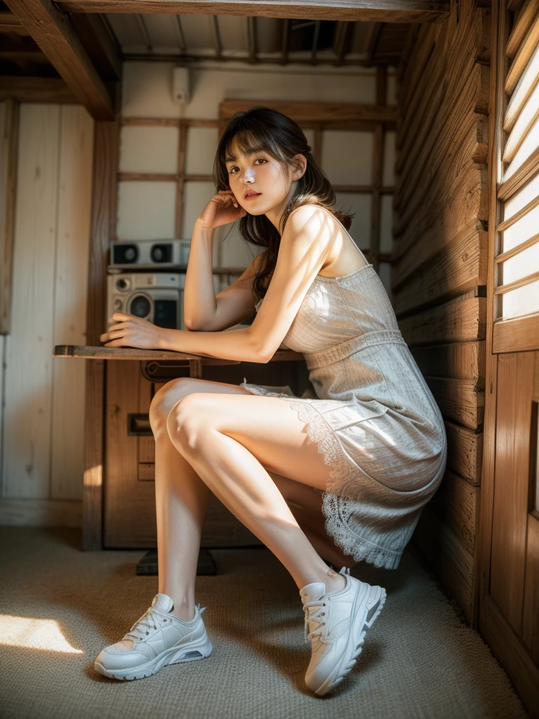 (angle from below:1.3), (wide photo shot:1.3), (High quality photo:1.5), 1women, a sweet japanese idol women with a warm expression (in cabin room with pile of old radios walls:1.4), (in beauty lace slipdress:1.2), (open legs:0.5), sneakers, (pretty chubby:0.7), 90s hairstyle with bangs, (natural sunlight:1.3), (intricate pose:1.2), (anatomically correct:1.4), (poetic photo style:1.3), (realistic object:1.3), (ultra highly detailed:1.2), (realistic face and eyes:1.3), real skin, (sunlight and shadow:1.3), (full body view:1.2), (sharp focus:1.2), shot by mamiya R67, kodacrhome, dynamic composition, Accurate