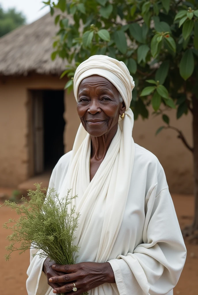 A highly realistic, high-definition image of an 8 Black woman with wrinkled skin, standing in a simple rural setting. She wears a white headscarf and a traditional white outfit, reflecting a sense of purity and heritage. In her hand, she holds a bundle of herb branches, symbolizing a connection to nature and traditional knowledge. The background features a modest wattle and daub house, typical of rural life, with a large, leafy tree adding a touch of greenery and serenity to the scene. The image captures the details of her aged skin and wise, gentle expression, along with the rustic simplicity of her surroundings, in maximum clarity and quality, creating a vivid and lifelike portrait