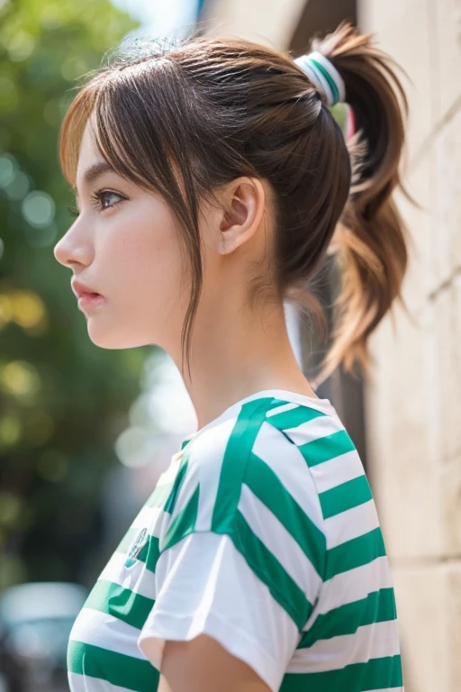 girl, Brown hair in a ponytail, White T-shirt with green stripes, White Dragon