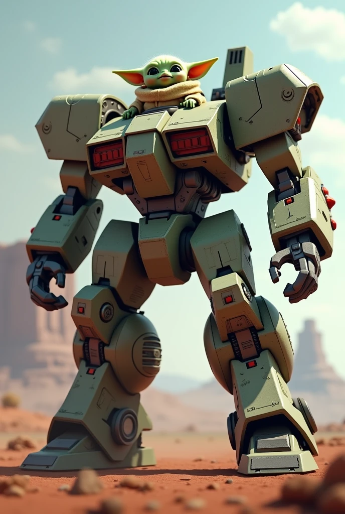 ((best quality)), ((masterpiece)), ((realistic)), 1baby Yoda, steering a giant mecha, cute ,large,eyes, high-resolution
