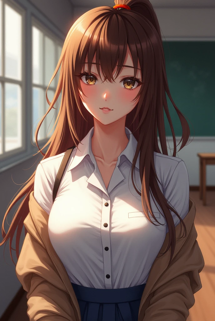 A woman with brown hair and orange ponytail wearing a school uniform and a brown sweater18+