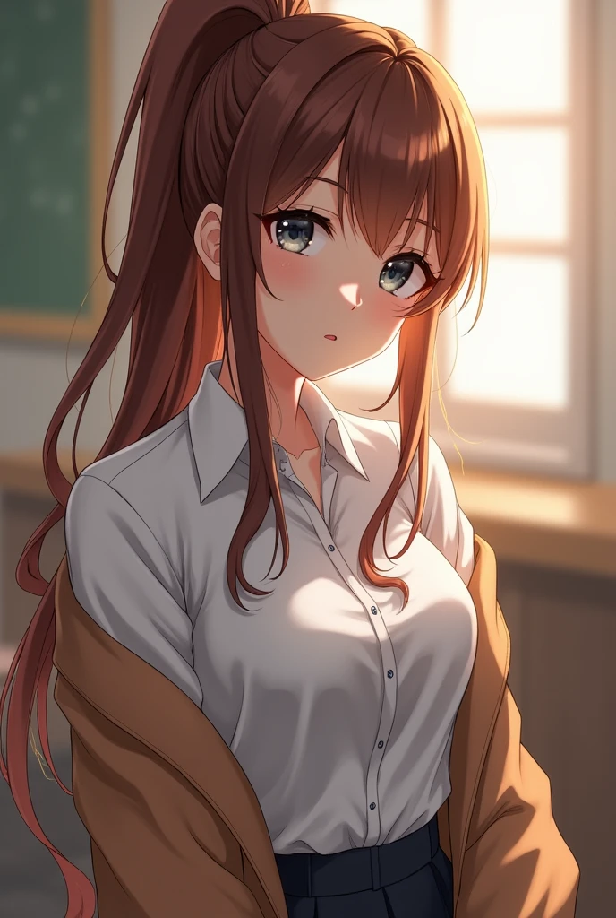 A woman with brown hair and orange ponytail wearing a school uniform and a brown sweater18+