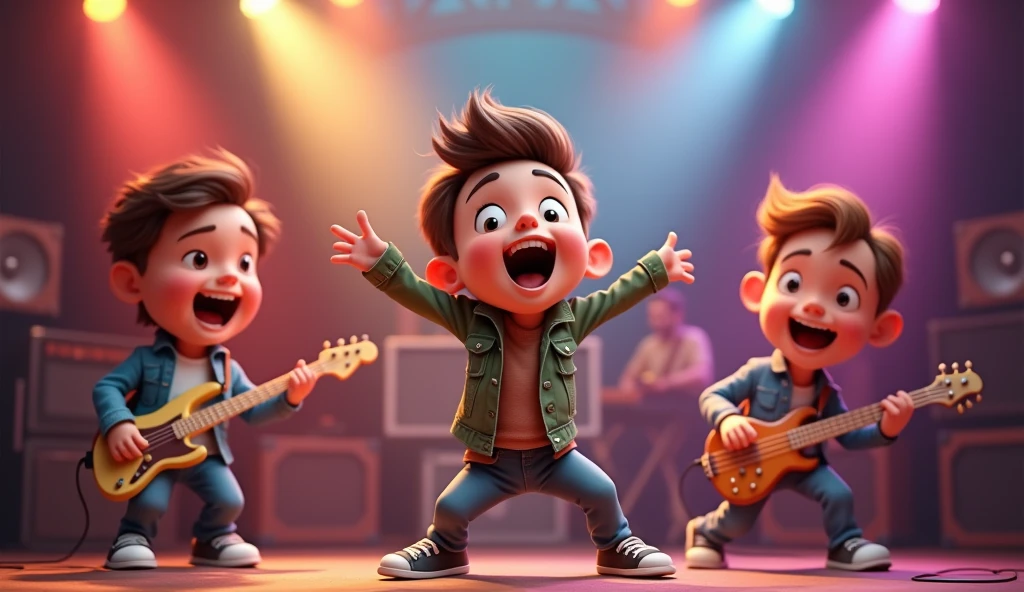 3D caricatures of young people playing band music, and the vocalist screaming while swaying