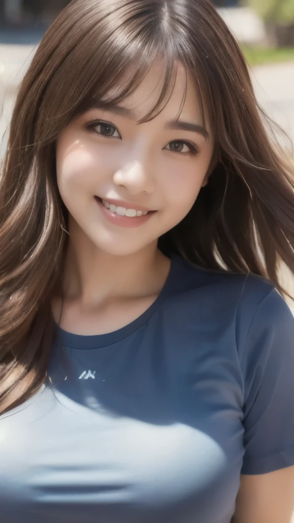 8k,Highest quality,(masterpiece:1.2),(Realistic),(Realistic:1.37),Ultra-high resolution,1 female college student,Long Wavy Hair,smile,Beautiful Eyes,Beautiful teeth alignment, In town,(((T-Shirts))),Big Breasts,Perfect body,Perfect Fingers,Professional Lighting,gravure,Detailed face and skin texture,fine grain,RAW Photos