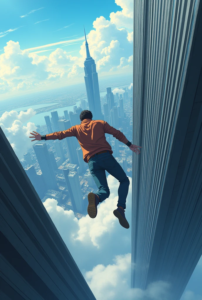 Man falling from the top of the building seen from afar in anime drawing hd