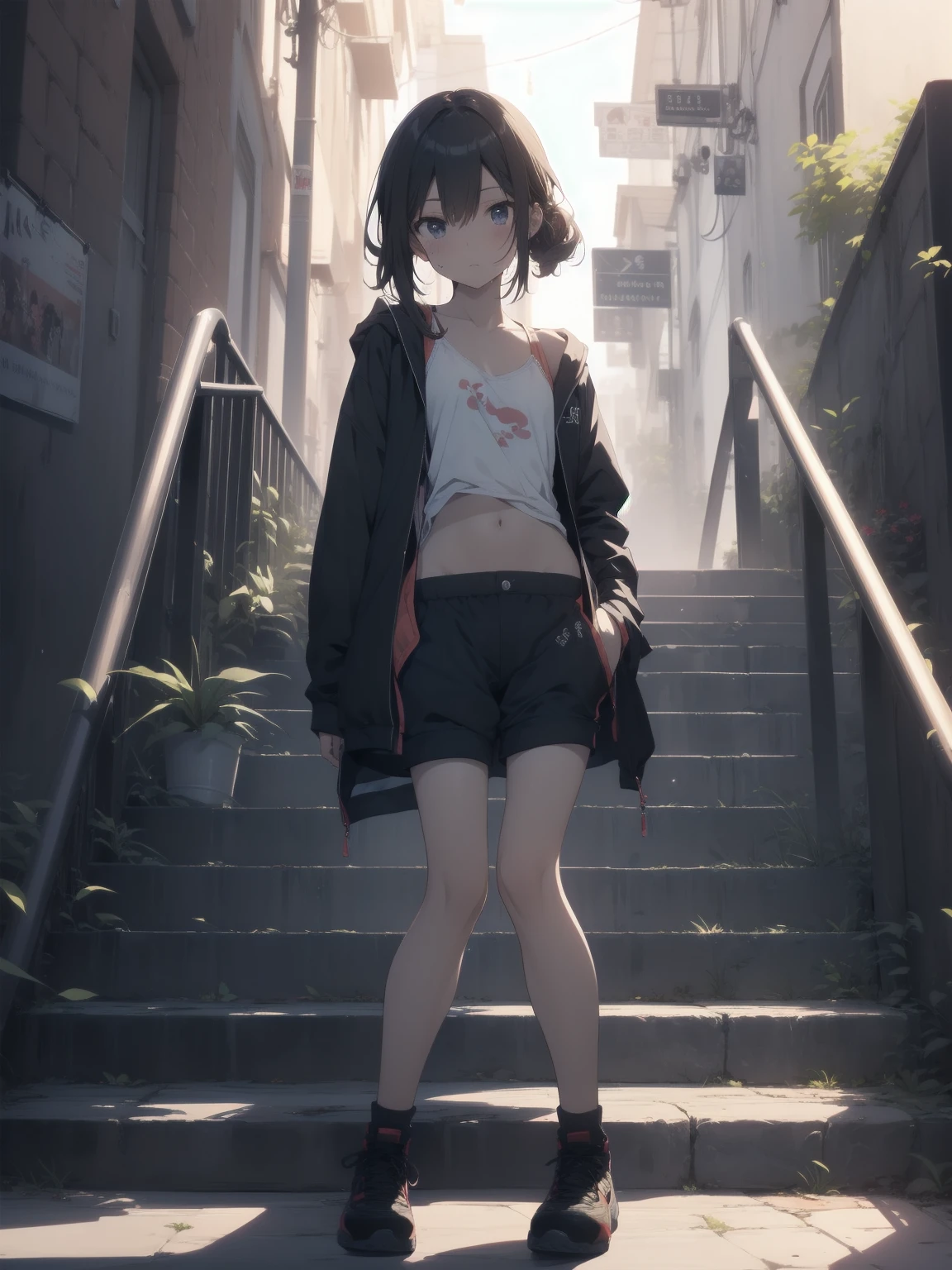 ultra-absurdres-Top quality by artist God, ultra-detailed, high resolution, anime moe artstyle, best anime 8k konachan wallpaper, pixiv contest winner, perfect anatomy,break, 1girl, (Please draw a girl sitting on stairs alone. )break,(Solo,little female, loli_face,14yo:1.3),glasses, small breasts, beautiful (well-shaped) breasts, (white bra:1.1), navel, groin, butt, small black eyes, beautiful detailed eyes, well-proportioned iris and pupils, highres detailed hair, sweat, expressionless, hoodie, sporty shorts, (Detailed Lighting), (Detailed background), outdoors, stairs. break,super detailed skin, shiny skin, Best sexual lighting powered by famous artist, 8k,beauty illustration,photoshop_(medium),very aesthetic,break,((artist:takeuchi_takashi )), artist:clamp ,artist:carnelian ,artist:kantoku ,