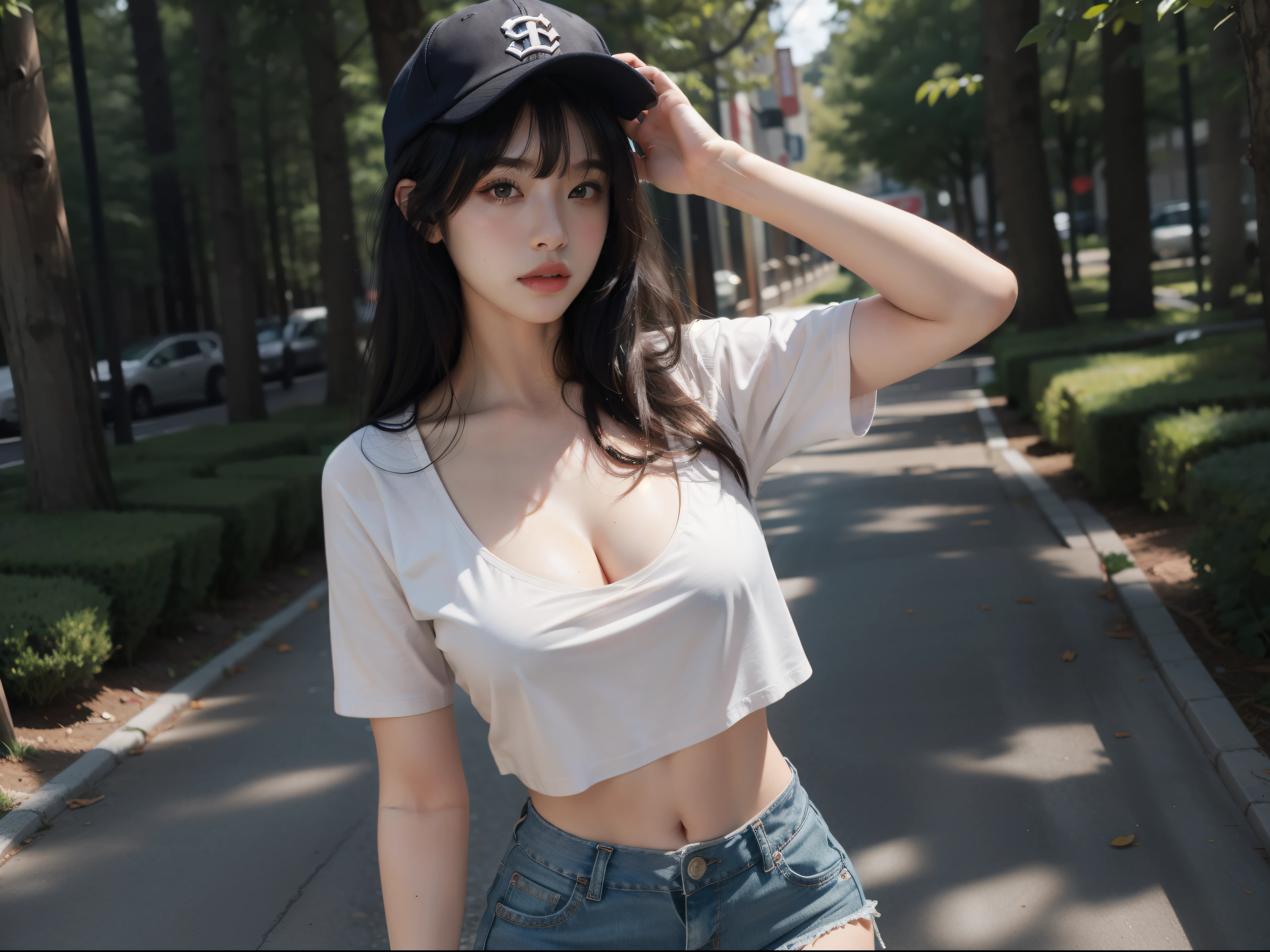 detailed_background, detailed_body, realistic, full body view, 1 girl, eye glasses, blushes, dark forest background, straight black hair, blunt bangs, cleavage, bigboobs, large_tits, side_boobs, long legs, sneakers, small waist, see-through white short-sleeve shirt, navel, pleated_denim_skirt, hip_line, panty_shot, baseball_cap, arm_up