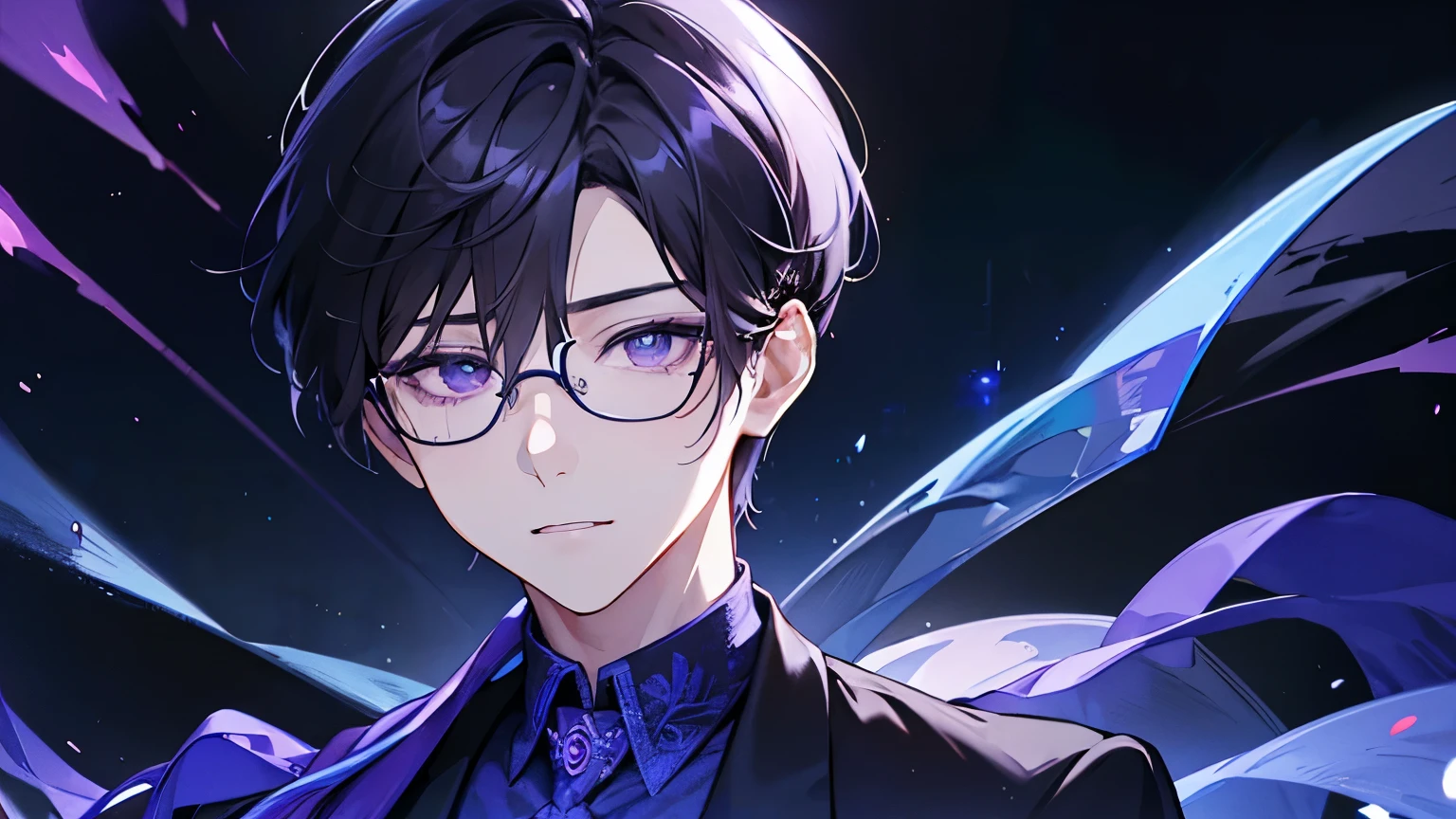 One Man、Close-up of face、Rin々Shii、Dark Brown Hair、Short Hair、Purple Eyes、In a suit、Blue tie、The right eye is hidden by bangs、Glasses、Multiple eyes on face