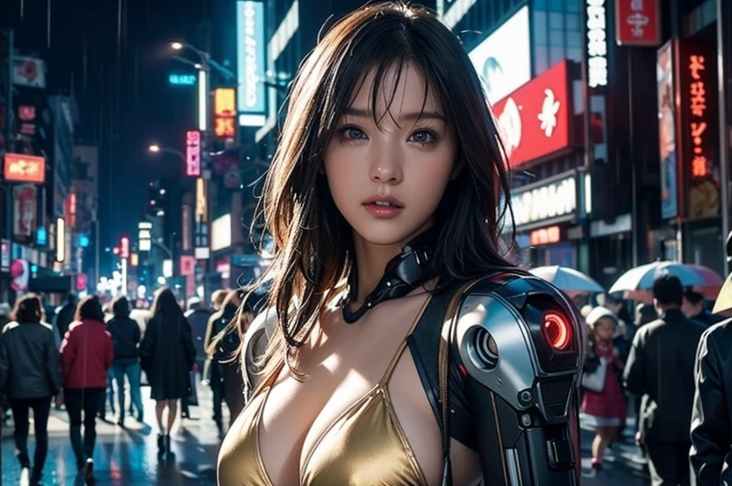 Best Illustrations, Woman covered in complex white cybernetics, Blue LED light, Combat Uniform, Cleavage, high tech, Ultra-high resolution, 32K, (Bikini Cyborg Robot Parts), (detailed:1.4), Cyberpunk City Background, Rainy Street, Beautiful Face, Long golden hair, Professional Lighting, masterpiece, Very delicate and beautiful, Professional photos