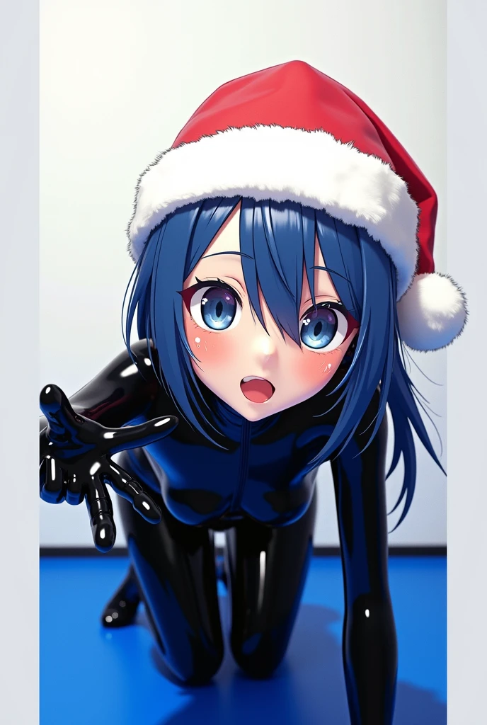1girl, anime, blue hair, latex suit, standing, cute face, santa hat, kigurumi mask, on all fours, hands pointing, shiny, sweat, glossiness, metallic sheen, best quality, 4k, 8k, highres, masterpiece:1.2, ultra-detailed, realistic, photorealistic:1.37, HDR, UHD, studio lighting, ultra-fine painting, sharp focus, physically-based rendering, extreme detail description, professional, vivid colors, bokeh