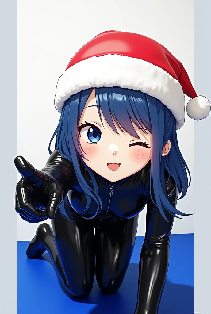1girl, anime, blue hair, latex suit, standing, cute face, santa hat, kigurumi mask, on all fours, hands pointing, shiny, sweat, glossiness, metallic sheen, best quality, 4k, 8k, highres, masterpiece:1.2, ultra-detailed, realistic, photorealistic:1.37, HDR, UHD, studio lighting, ultra-fine painting, sharp focus, physically-based rendering, extreme detail description, professional, vivid colors, bokeh