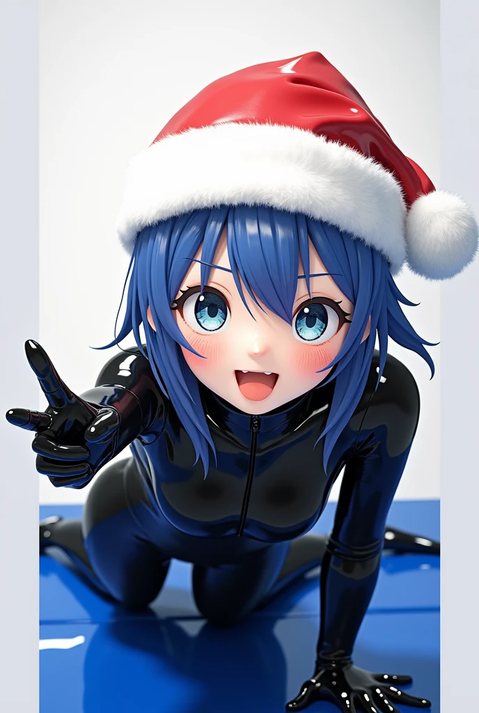 1girl, anime, blue hair, latex suit, standing, cute face, santa hat, kigurumi mask, on all fours, hands pointing, shiny, sweat, glossiness, metallic sheen, best quality, 4k, 8k, highres, masterpiece:1.2, ultra-detailed, realistic, photorealistic:1.37, HDR, UHD, studio lighting, ultra-fine painting, sharp focus, physically-based rendering, extreme detail description, professional, vivid colors, bokeh