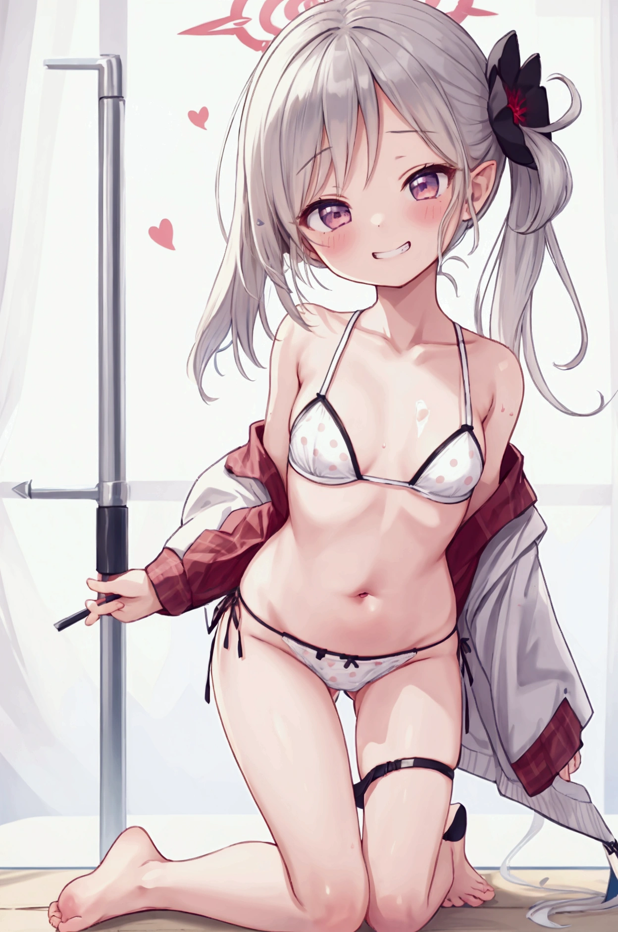 Girl、mutsuki、Grin、Stirring face、In underwear、Waterdrop bra、Polka dot panties、barefoot、sole、staff room