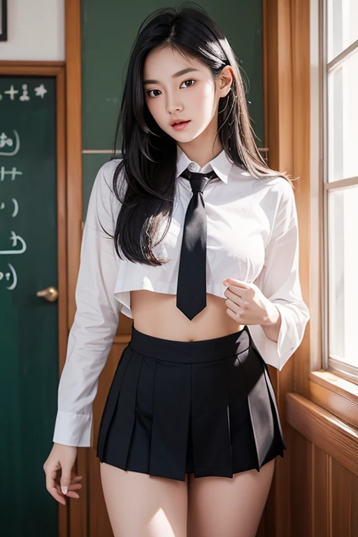 Asian、model、Black Hair、Long Hair、Big Breasts、Topless、uniform、School、A woman lifting her clothes to reveal her breasts