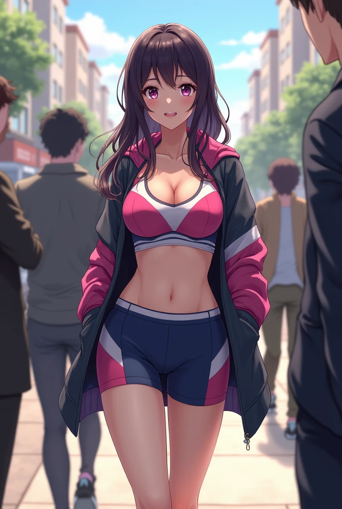 Shizuka is an attractive young woman with mid-neck length dark plum-colored hair that has long bangs hanging on the right side, aubergine-colored eyes and a medium-sized bust. Her beauty causes Akira Tendou to freeze in his tracks when he sees her while staring at her breasts and butt thanks to her skimpy athletic wear. Anyone who sees her notes how exceptionally beautiful she is, and the only reason Kenichirou Ryuuzaki hasn't started flirting with her is because he knows that Akira is interested too.
She wears a multi-colored overcoat over a pink and white sports bra with pale gray stripes top which shows her midriff and belly button as well as matching color short-shorts, indigo leggings and shoes.