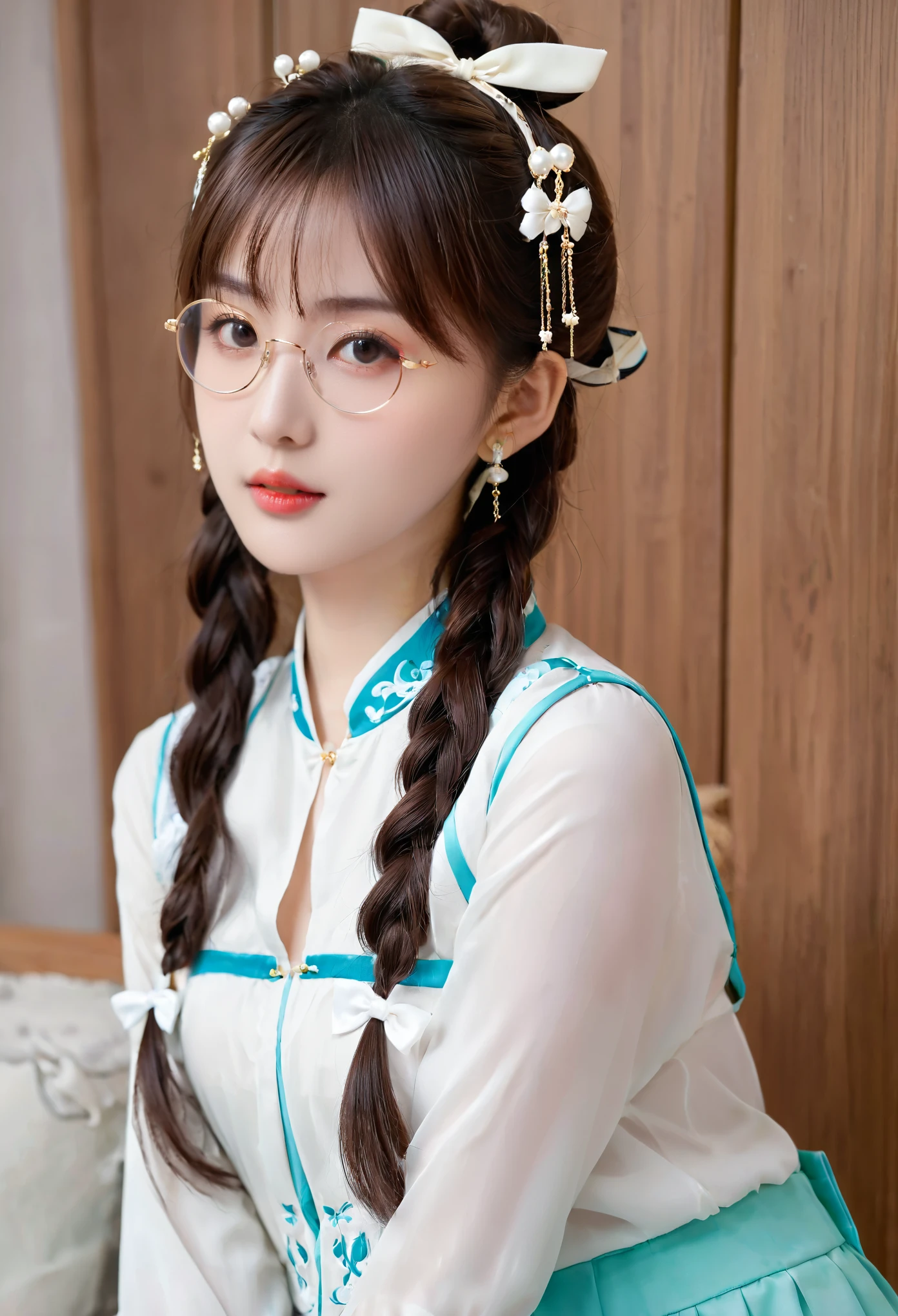 Zhezhi, twintails, glasses, hair ribbon, chinese clothes, white pantyhose,