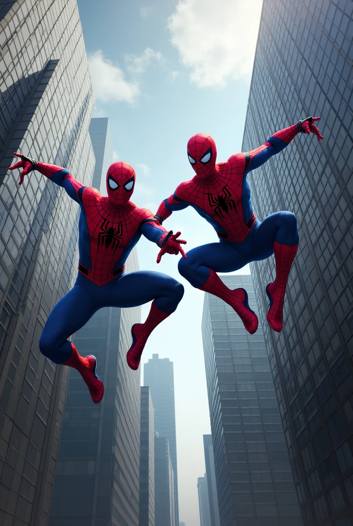 A two  spidermans jumping from building 