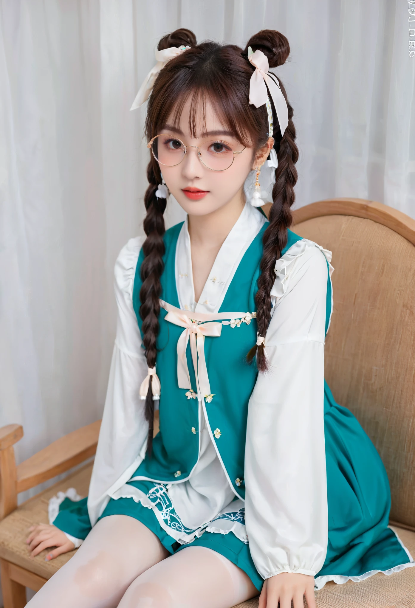 Zhezhi, twintails, glasses, hair ribbon, chinese clothes, white pantyhose,