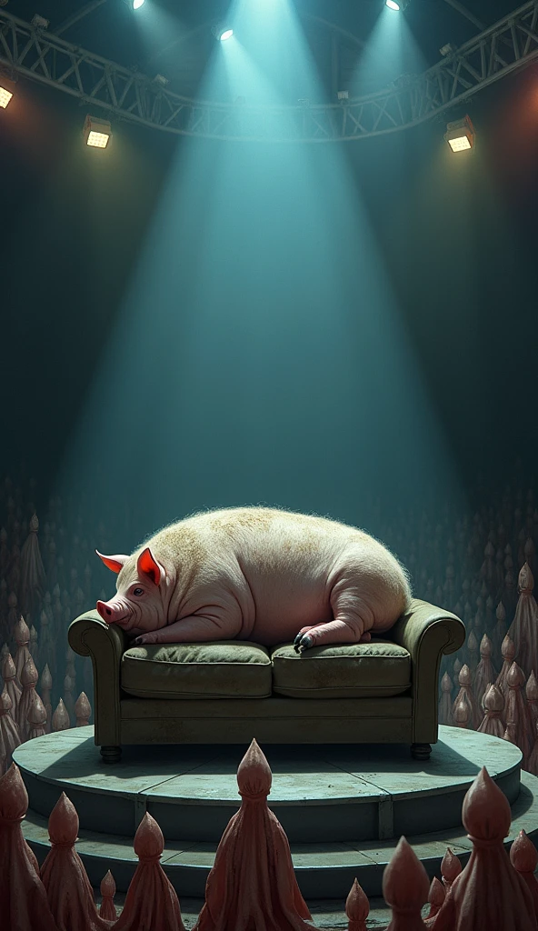 thick, dirty pig lies on a round stage on an old sofa,  spotlights and floodlights, illuminate. Below, around the stage, a crowd of squids stand looking up at the pig., listen, Realism, drawing details professional photo,  In detail