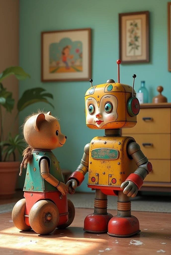 Old toys sitting in different locations with 1950s background