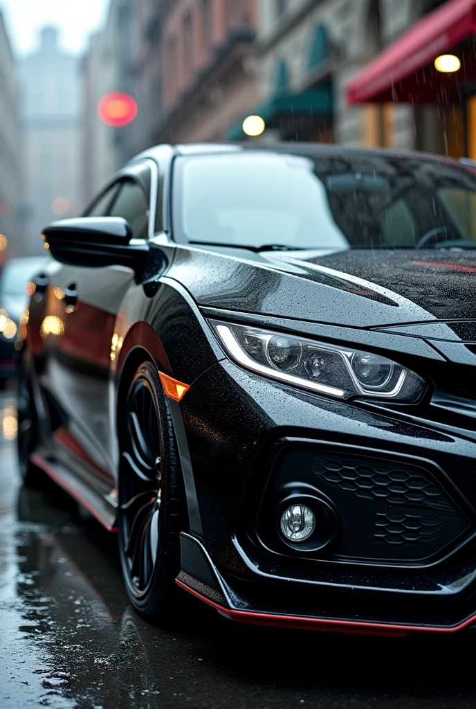 Honda Civic g10 sports black with black chrome wheels, in the rain with blurred images in the background High resolution