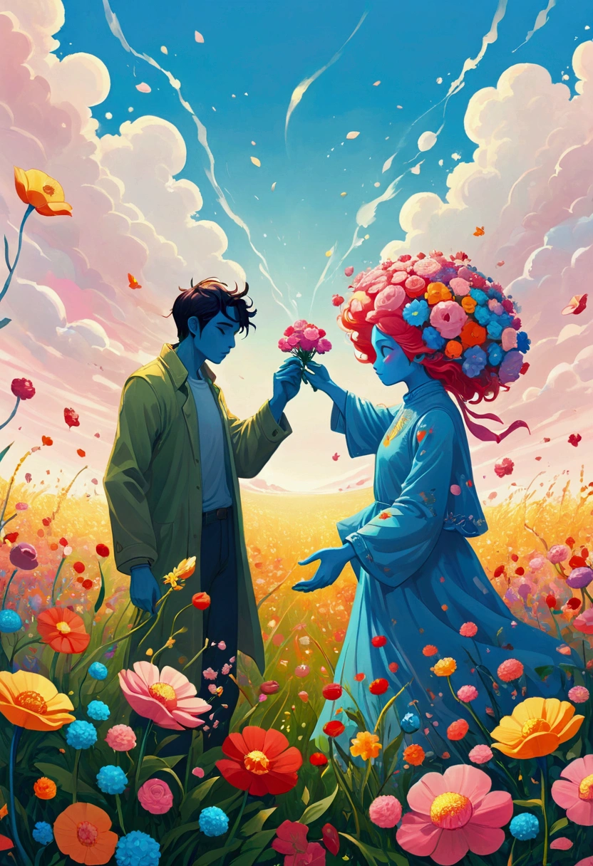 Two hands holding flowers in the field, Juster Battle, Cyril Rolando (Cyril Rolando) of inspiration, Laurie Greesley and James Jean, Cyril Rolandor style, Humanoid creature covered with flowers, beeple 和 james jean, Cyril Rolando 和 M. Vacaruta, Cyril Rolando 和 M.Vacaruta, psychedelic aesthetic