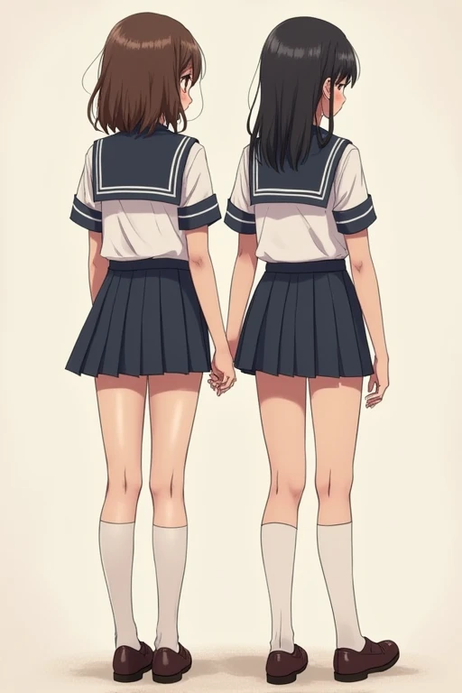 ((best quality)), ((masterpiece)), (detailed), Two girls stand and compare the length of each other's legs, long legs and short legs, (((((torsos of the same length))))), school sailor uniforms, sexy, 150cm,180cm