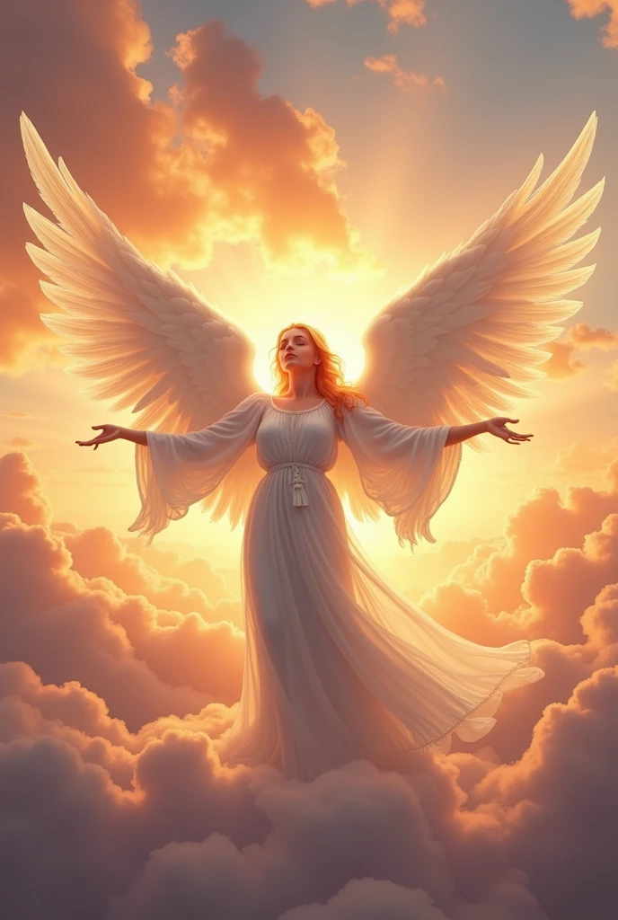 White angel with wings stands in sky in the sun set