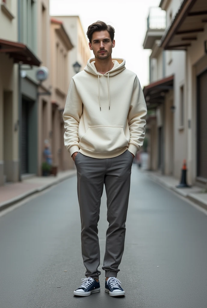 A 1 man in a quiet street, wearing cream coloured slim fit hoodie, grey chinos and navy plimsols, full body, looking at viewer