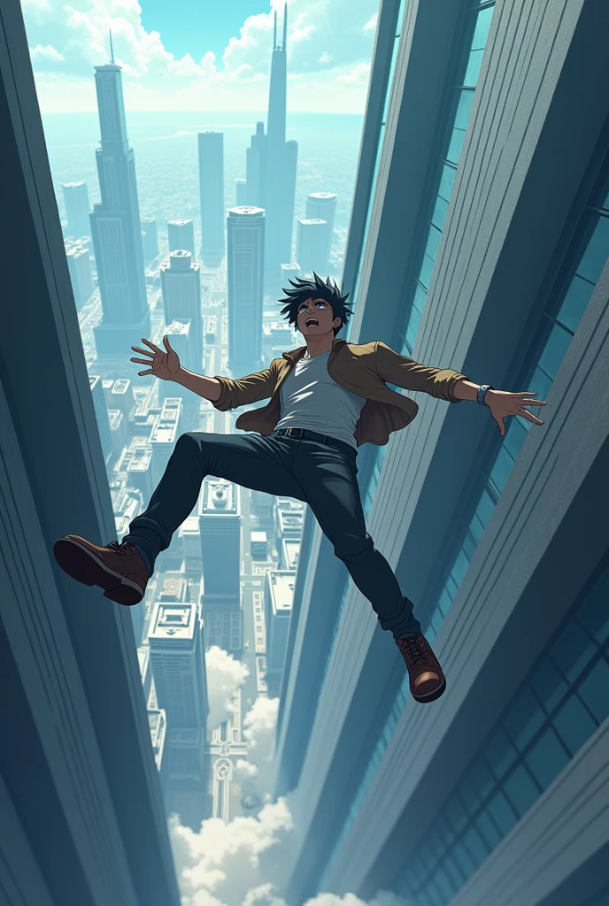 Man falling from the top of the building seen from afar in anime drawing hd